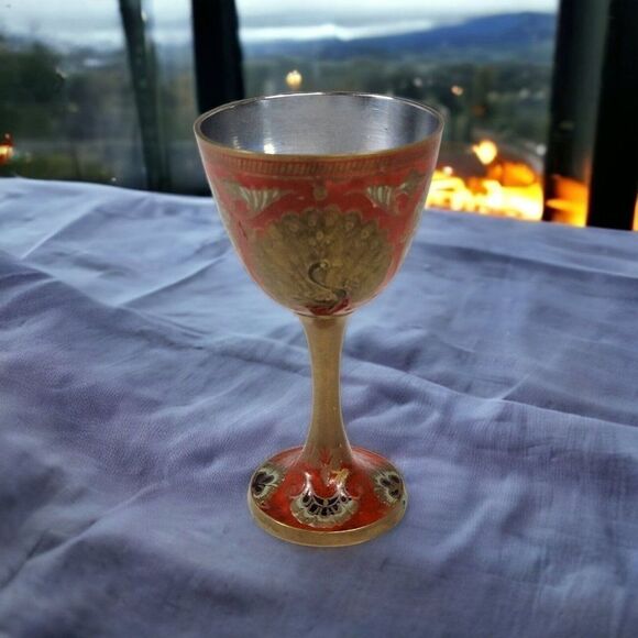 Vintage Enamel Hand Painted Etched Brass Cloisonne Peacock Wine Goblet India Red - Picture 1 of 8